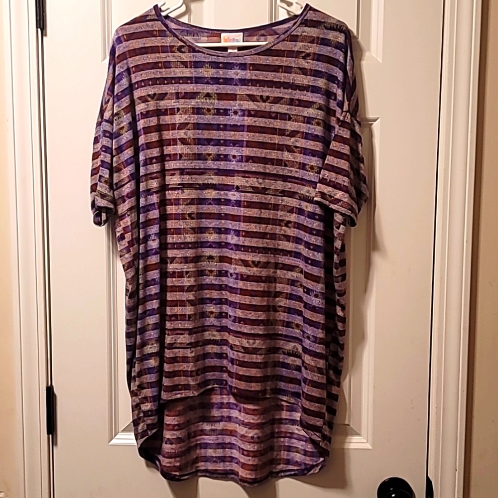 LuLaRoe Women's Small Irma Purple Aztec Striped High Low Tunic Top Shirt